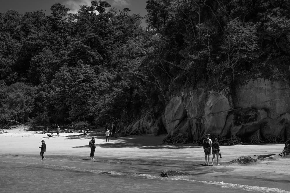 grayscale photo of people walking on beach