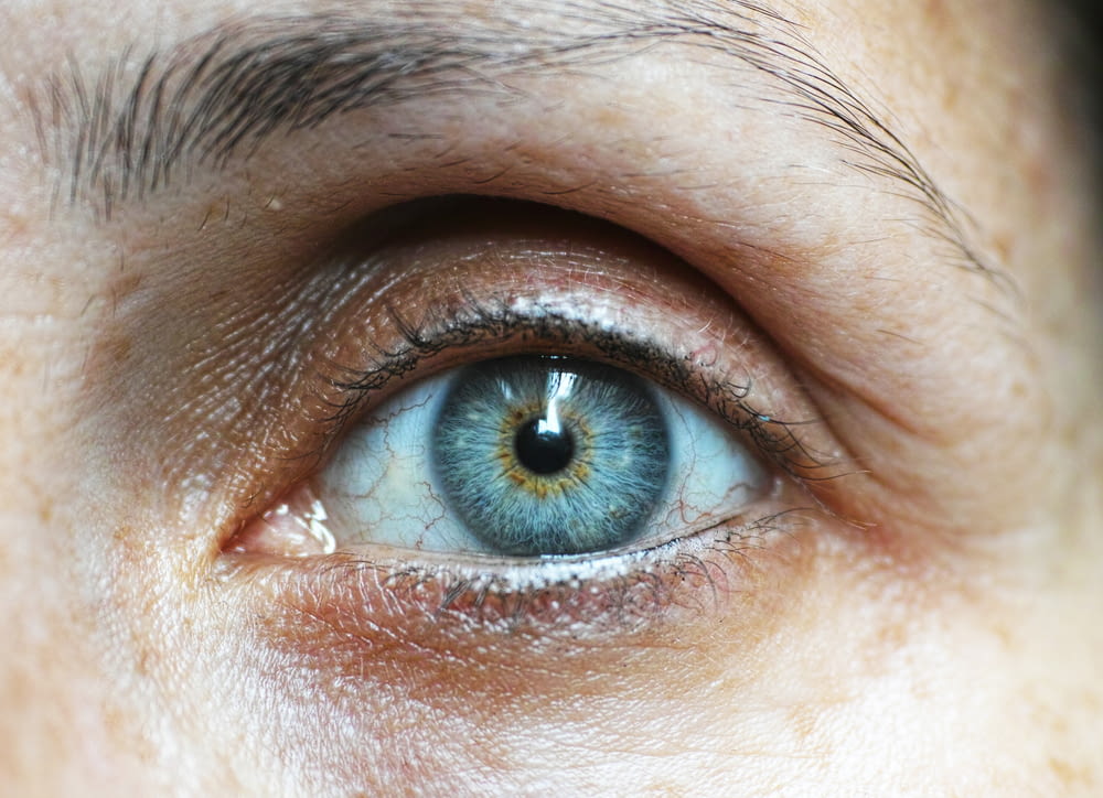 persons blue eyes in close up photography