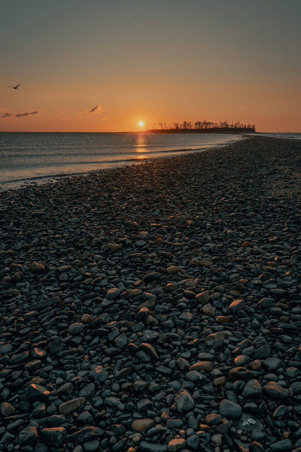 Piedras negras y marrones en la playa durante la puesta de sol