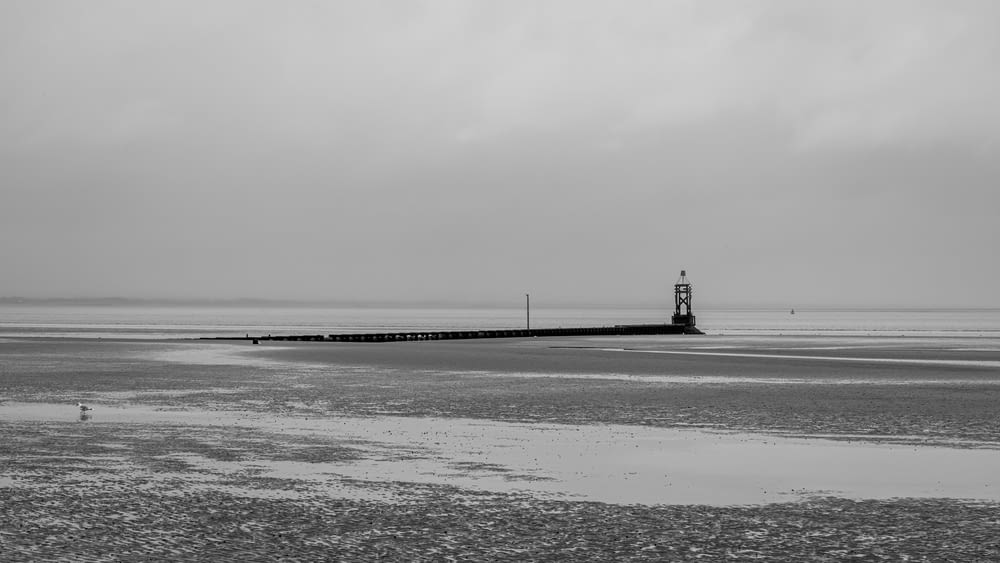 grayscale photo of lighthouse near body of water