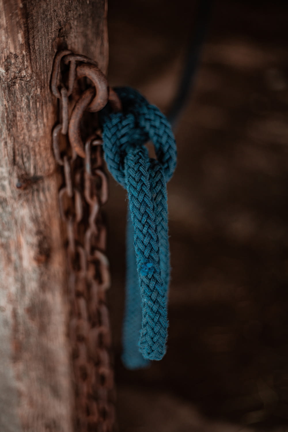 갈색 나무 울타리에 파란색 로프