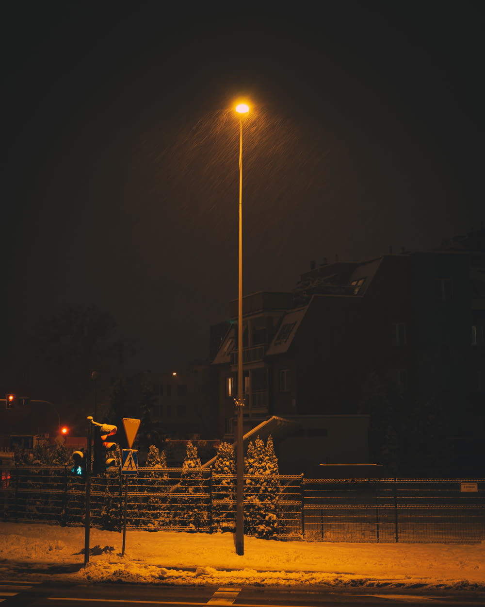 white light post near brown wooden house during night time