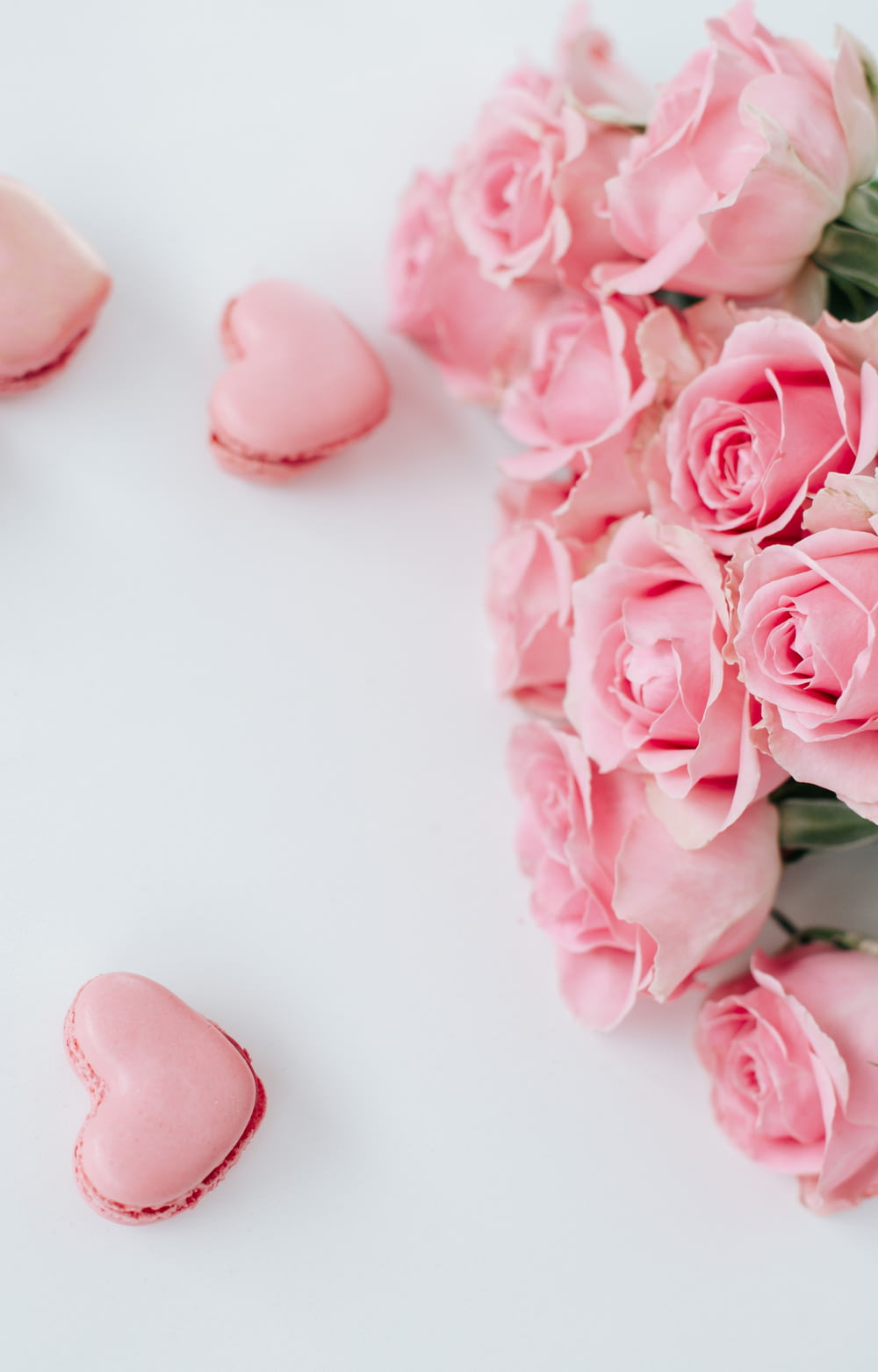 白いテーブルの上にピンクのバラ
