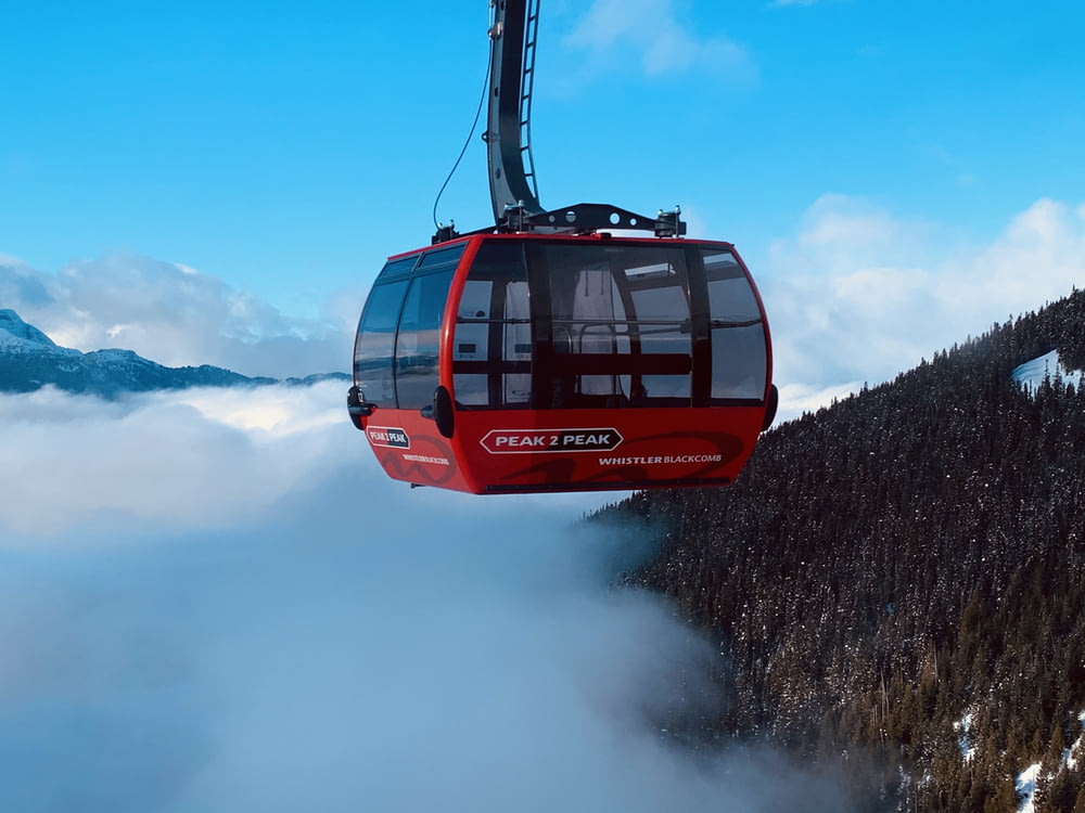 red cable car over the clouds