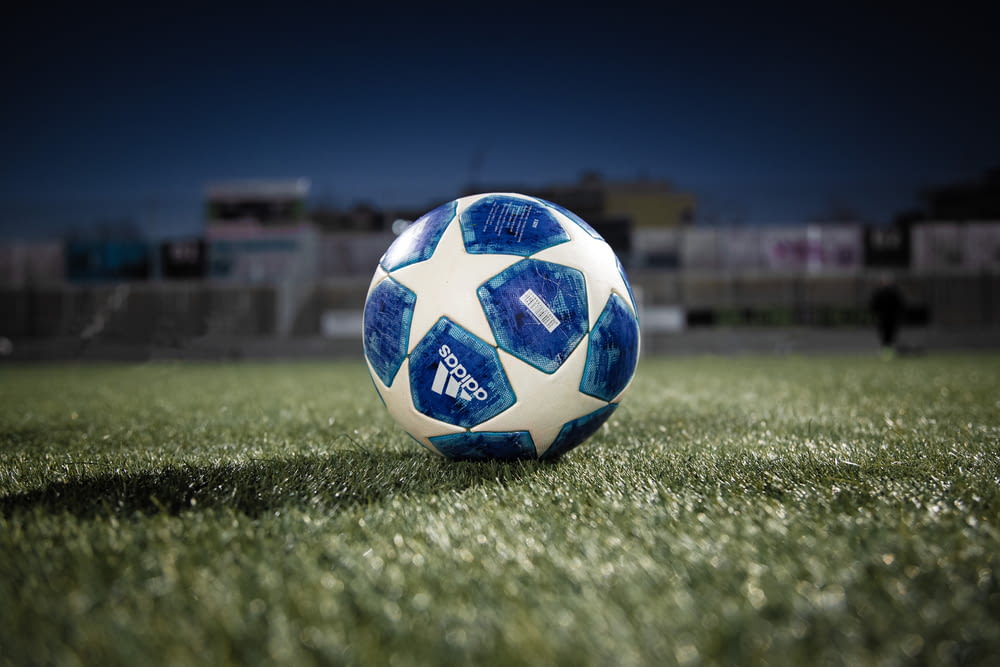 weißblauer Fußball tagsüber auf grünem Rasen