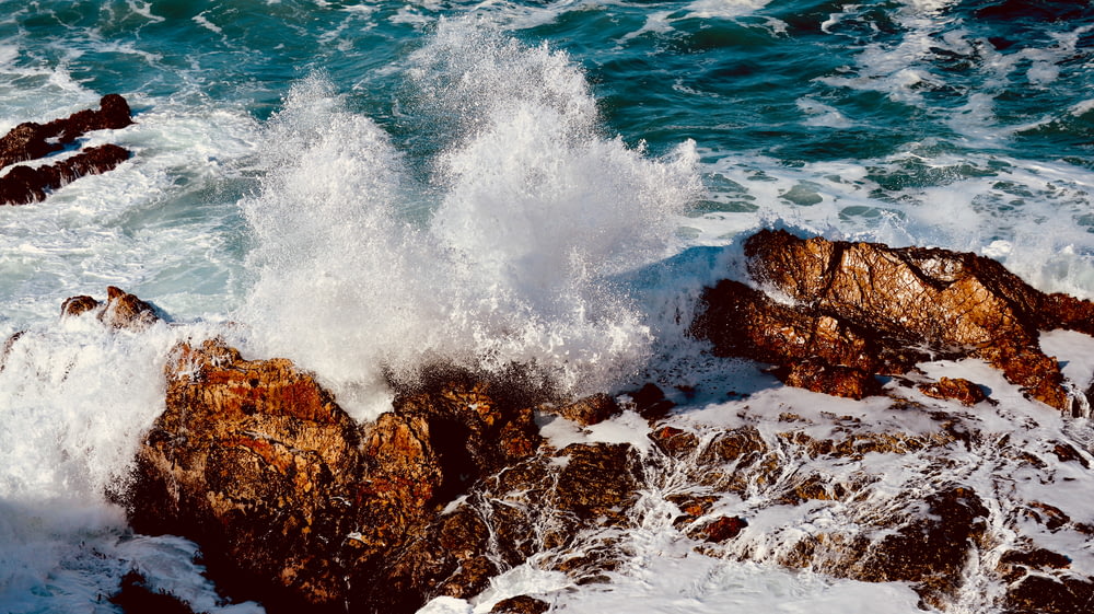 ocean waves crashing on brown rocky shore during daytime