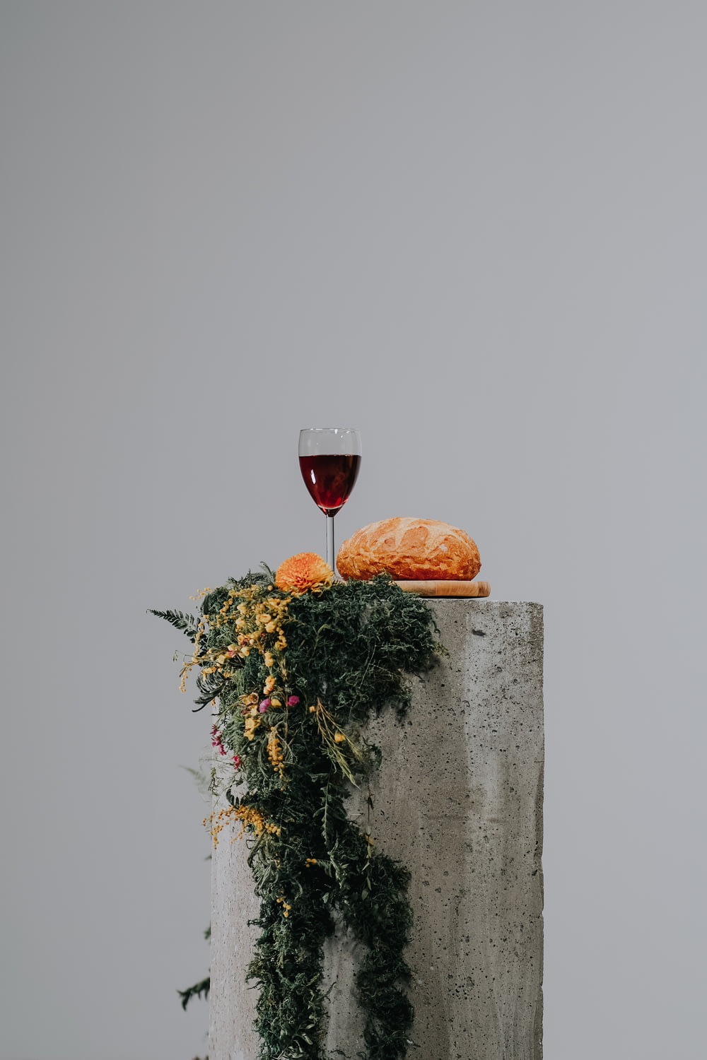 vin rouge dans un verre à vin transparent sur un mur en béton gris