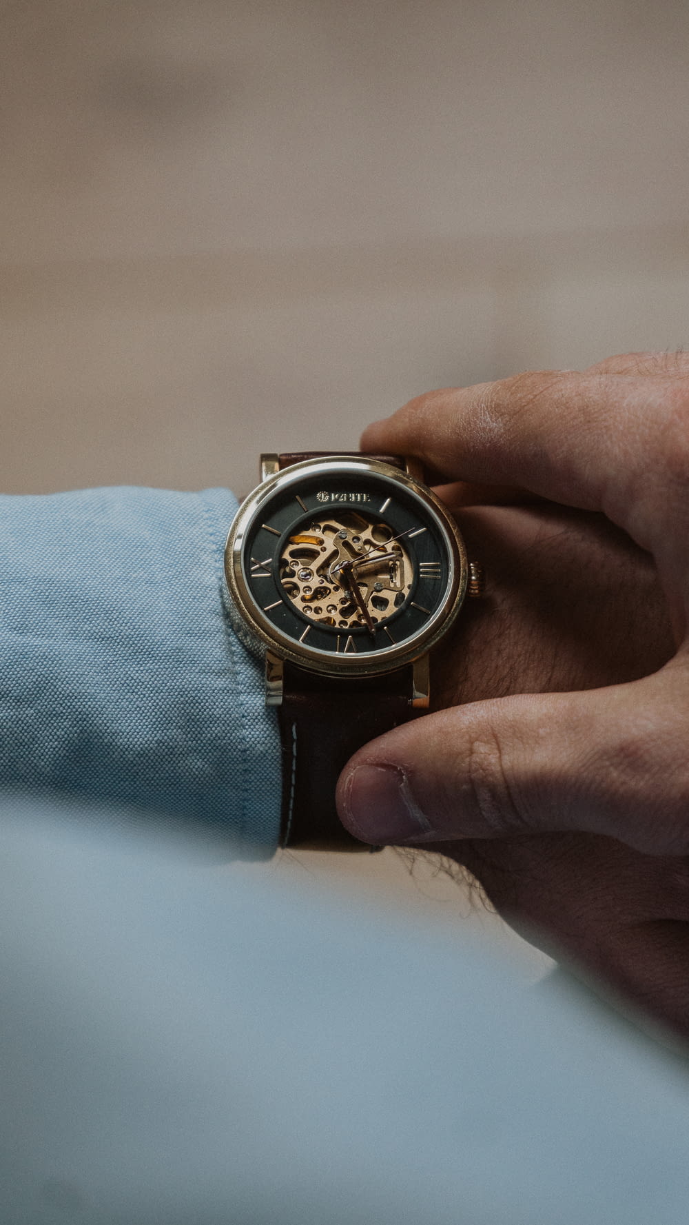 person wearing silver and gold chronograph watch