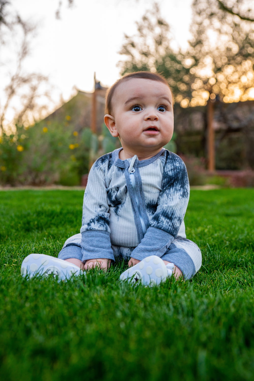 bébé en pull gris assis sur le champ d’herbe verte pendant la journée