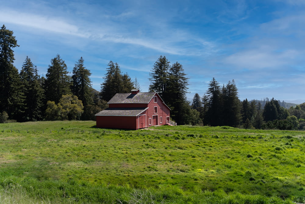 red wooden house on green grass field near green trees under blue sky during daytime