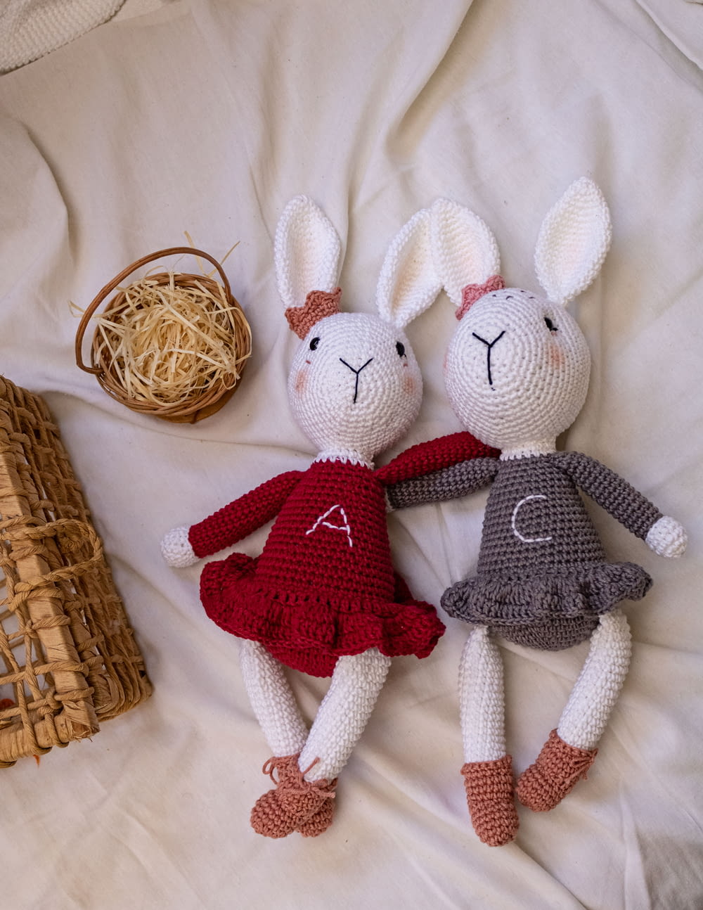 white and red crochet rabbit plush toy