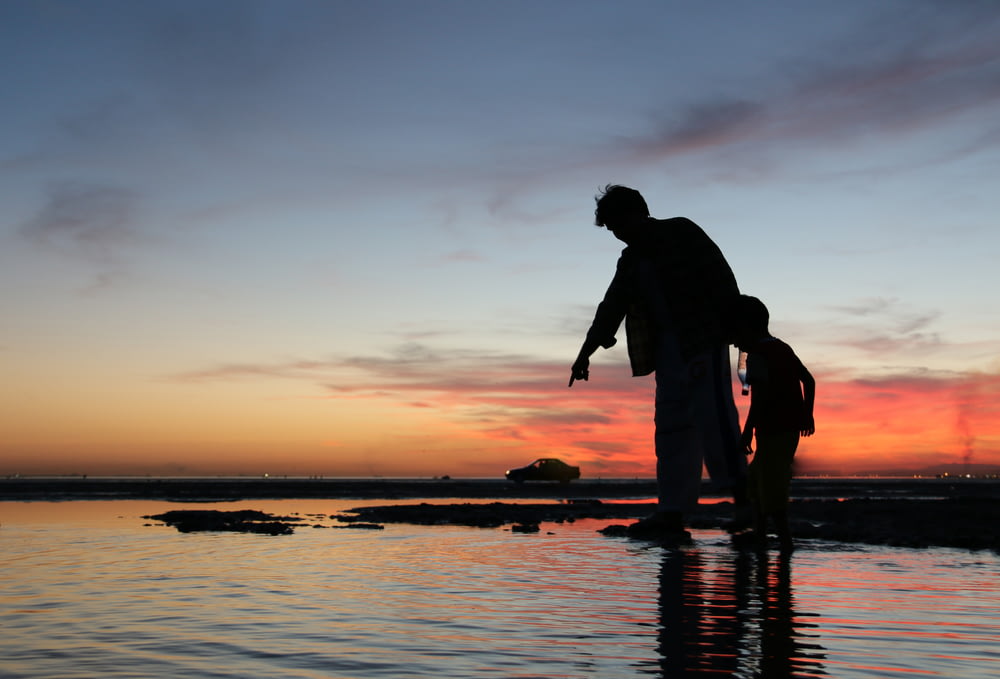 silhouette d’homme et de femme s’embrassant sur la plage pendant le coucher du soleil
