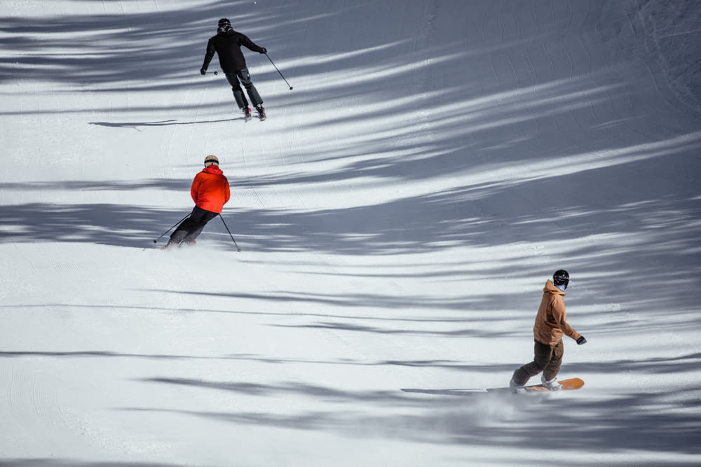 갈색 재킷과 회색 바지를 입은 남자가 낮에 눈 덮인 땅에서 스키 폴을 들고 있다