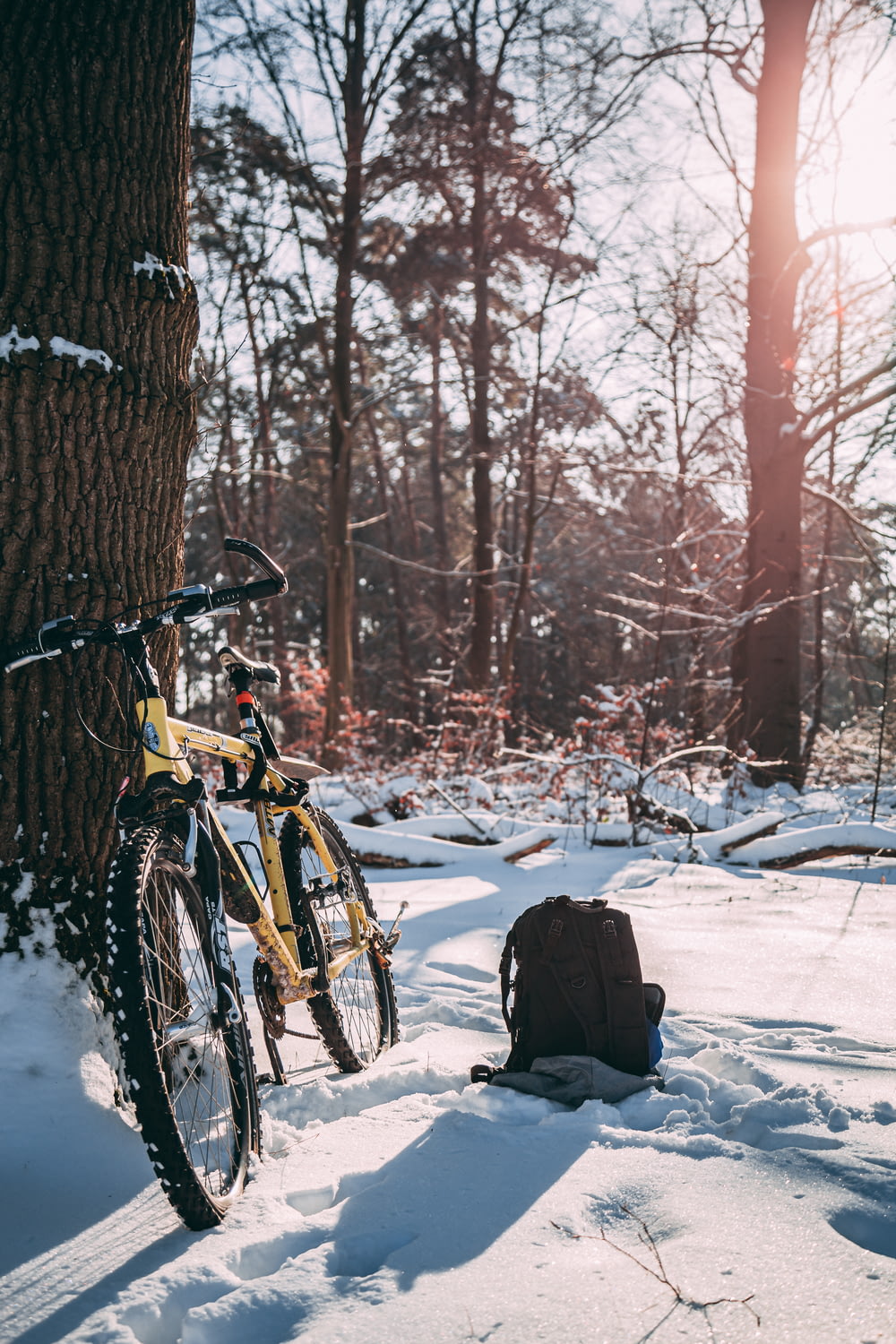yellow and black bicycle on snow covered ground during daytime