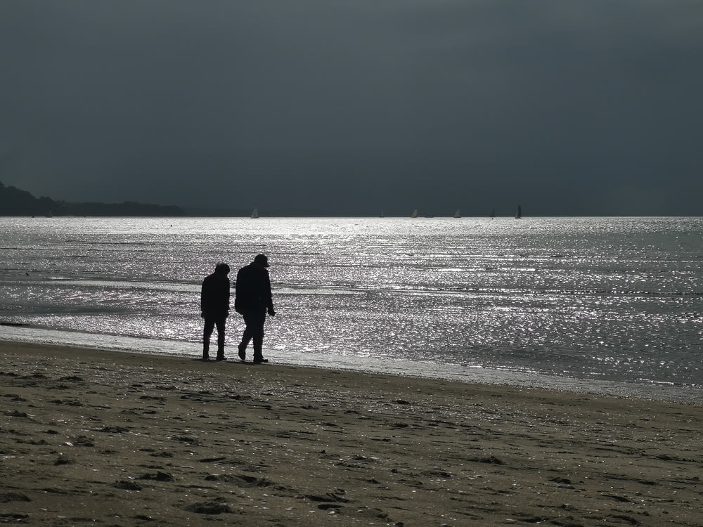 silhouette of 2 person walking on beach during night time