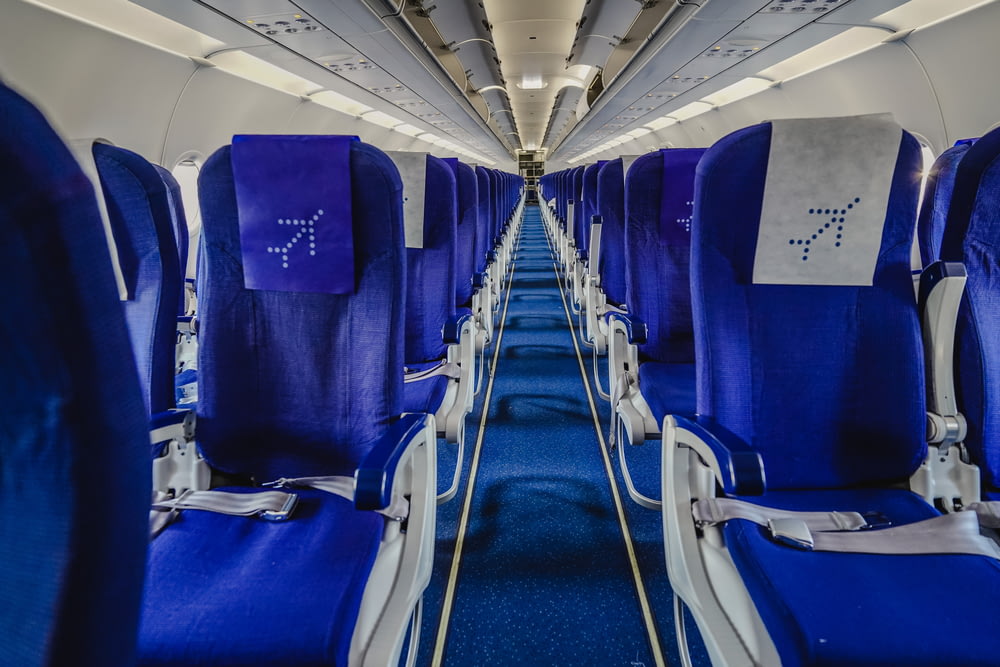 blue and white airplane seats