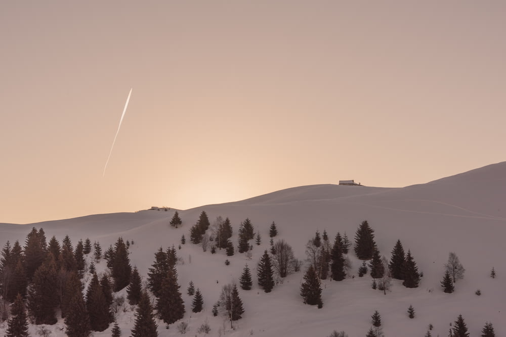 a plane is flying over a snowy mountain