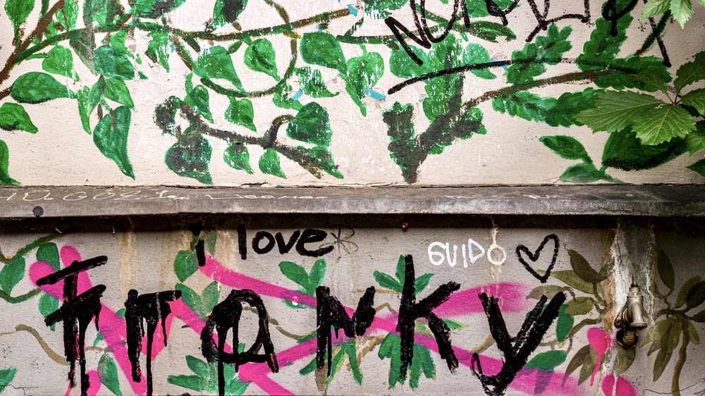 lila und grüne Graffiti auf brauner Holzwand