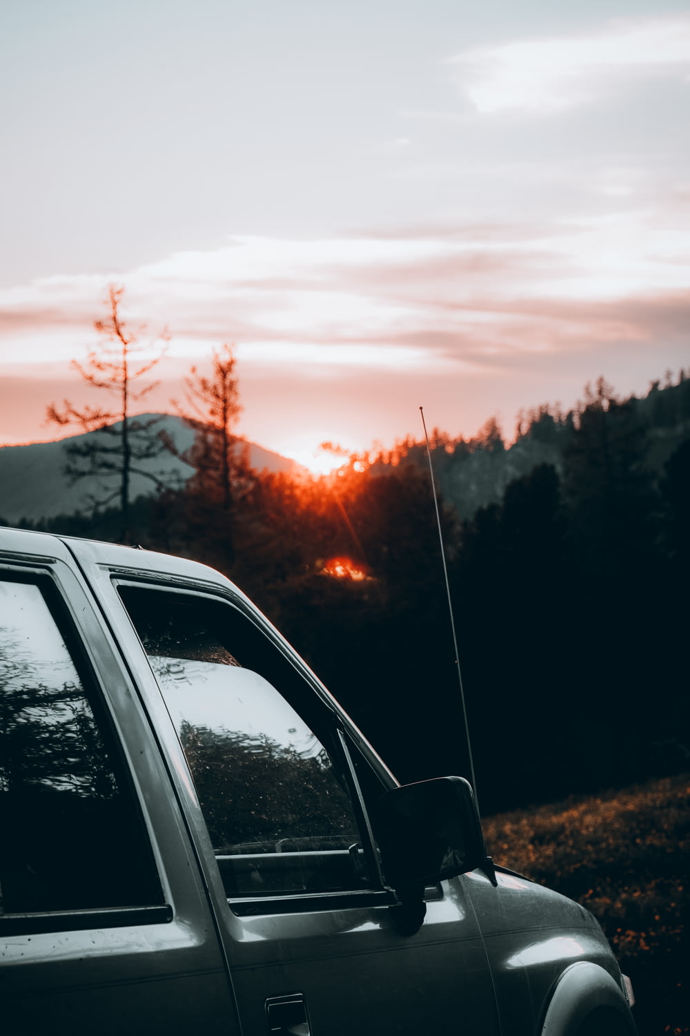 ventana del coche con la vista de los árboles durante la puesta del sol