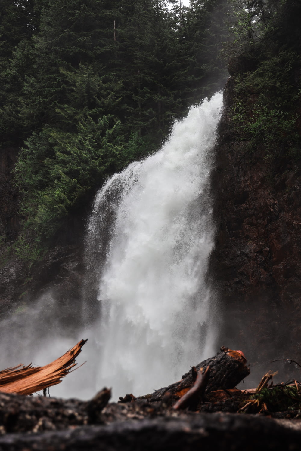brown tree log on waterfalls