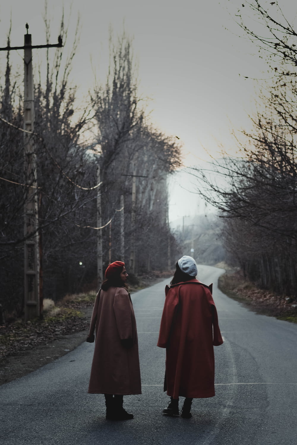 person in red coat walking on road between bare trees during daytime