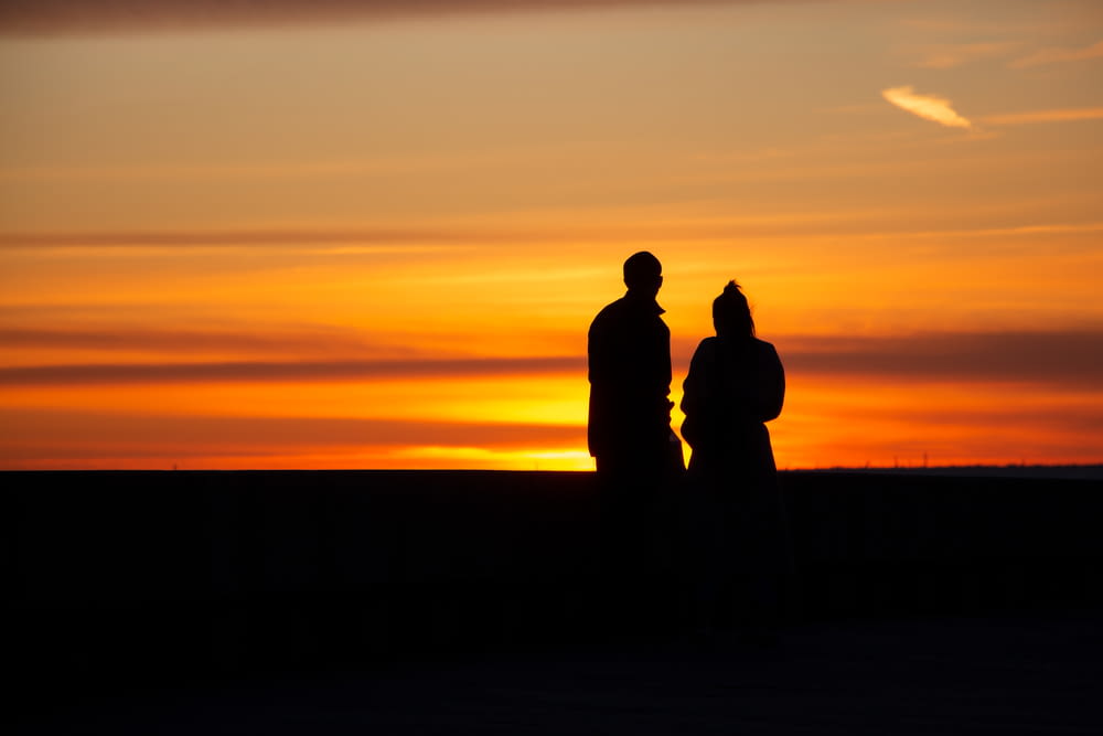 silhueta de 2 pessoas em pé durante o pôr do sol