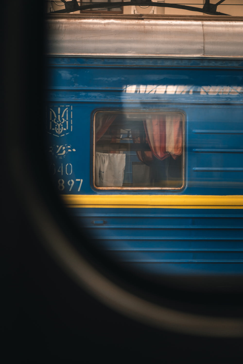 blue and yellow train door