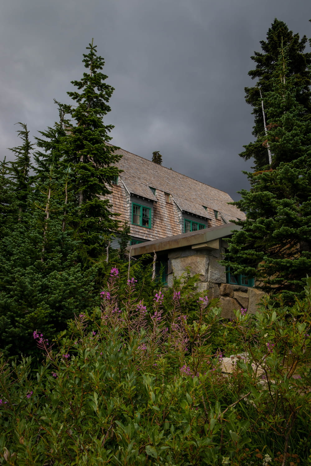 a house surrounded by trees and bushes under a cloudy sky