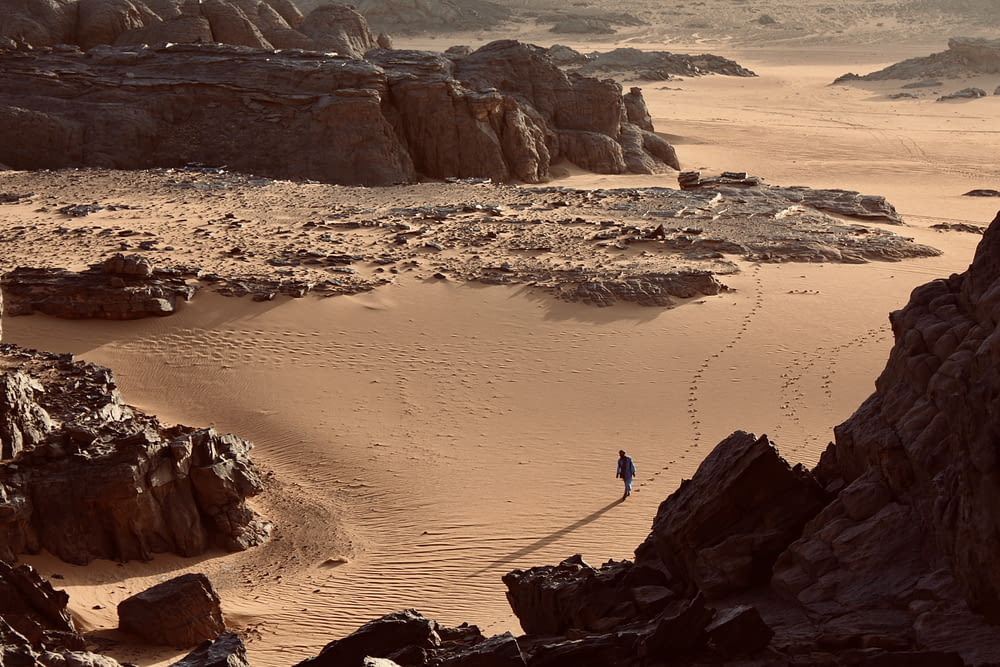 Una persona caminando a través de una zona arenosa del desierto
