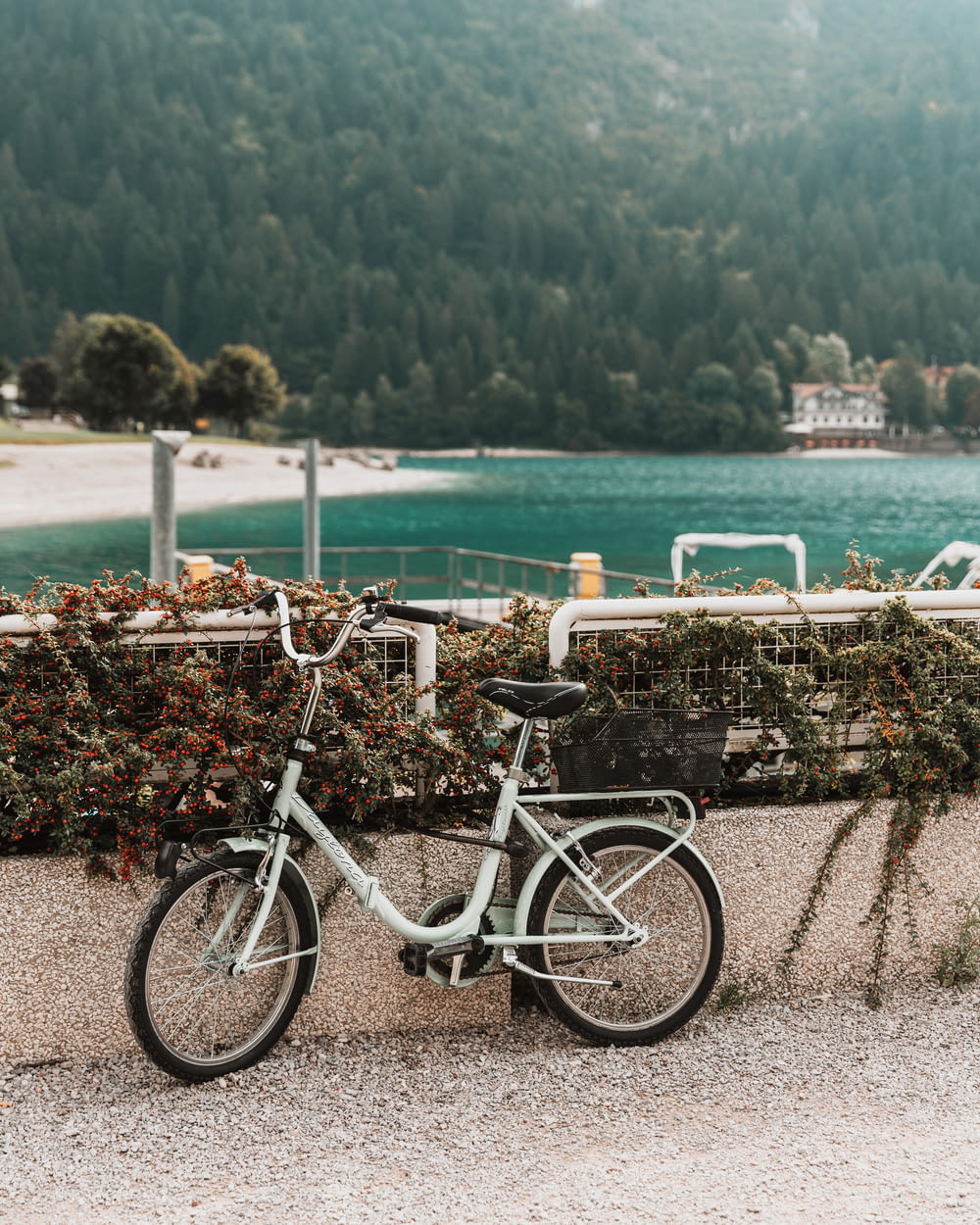 a bicycle parked next to a fence near a body of water
