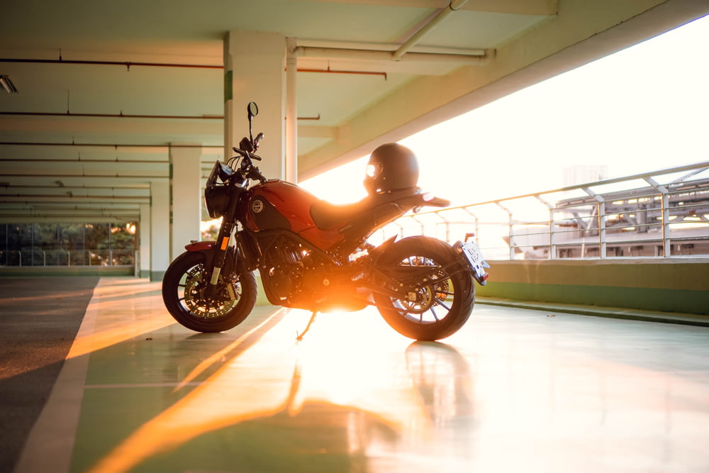 a motorcycle is parked in a parking garage