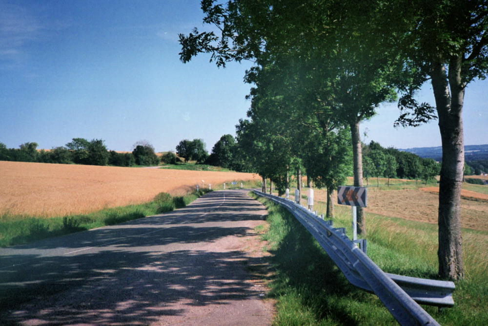 une route de campagne avec une clôture et un champ en arrière-plan