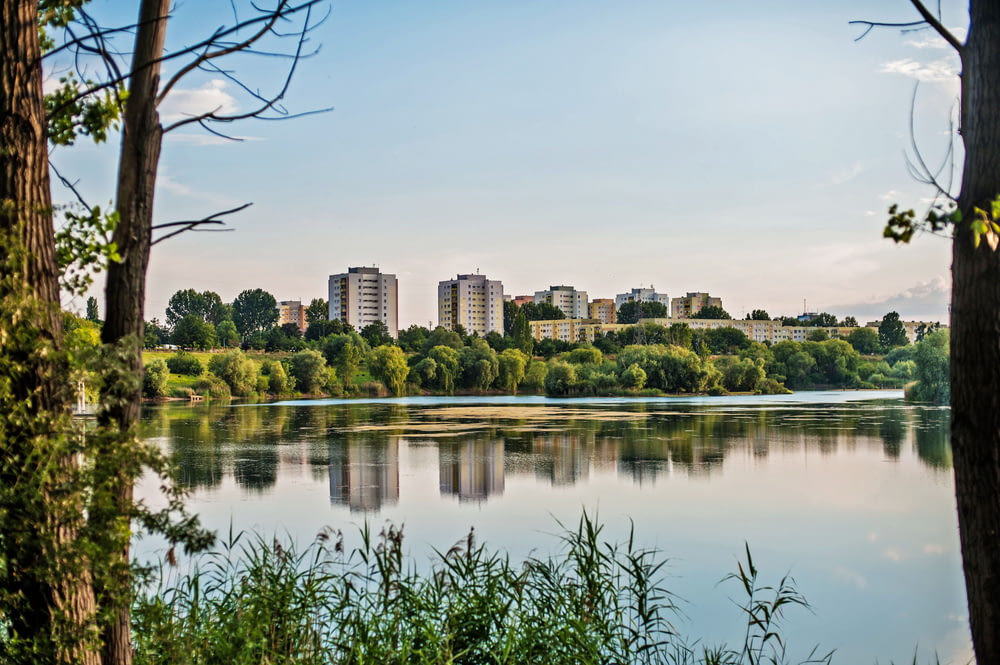 a lake surrounded by trees and buildings in the background