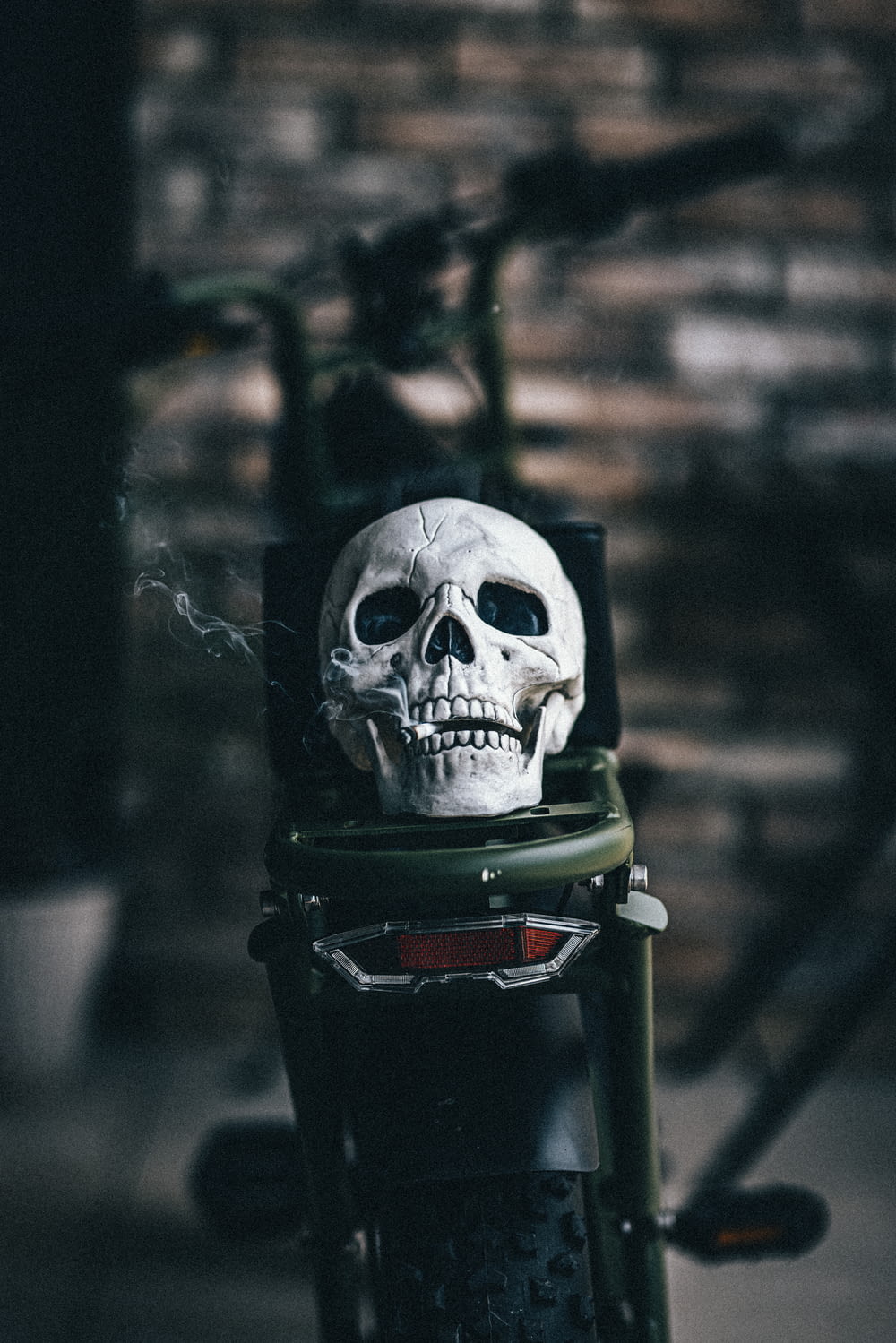 a skull head on the back of a bicycle