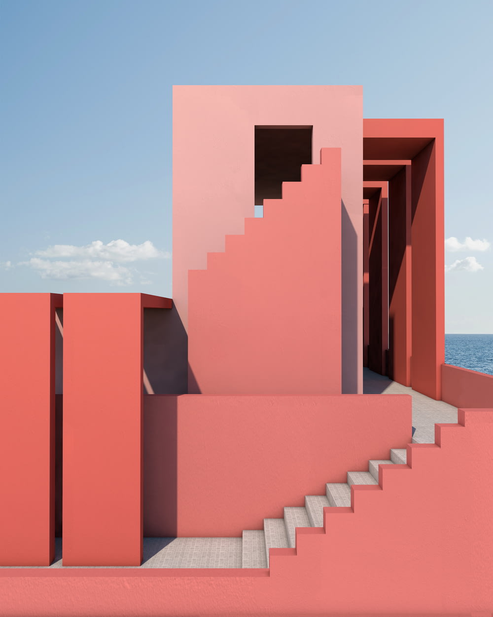 a pink building with stairs leading up to it
