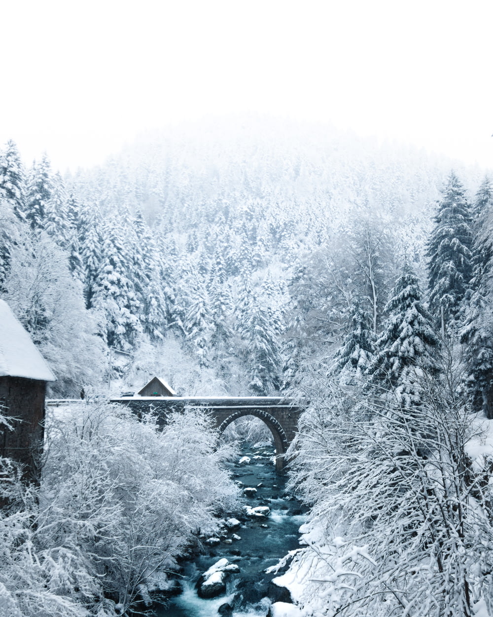a bridge over a river surrounded by snow covered trees