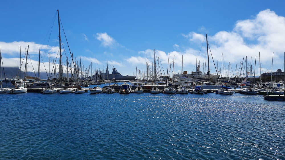 a harbor filled with lots of boats under a blue sky