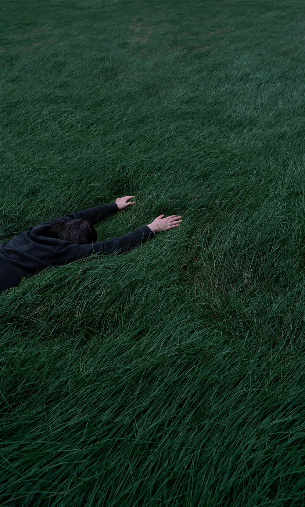 a person laying in a field of grass