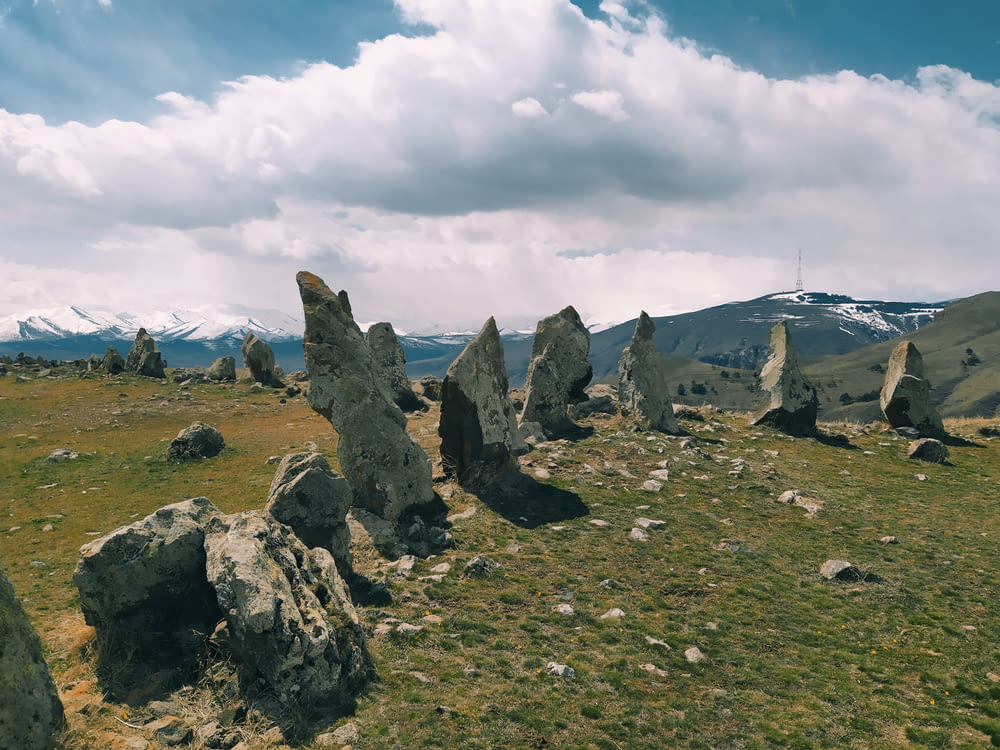 Un grupo de rocas en un campo con montañas al fondo