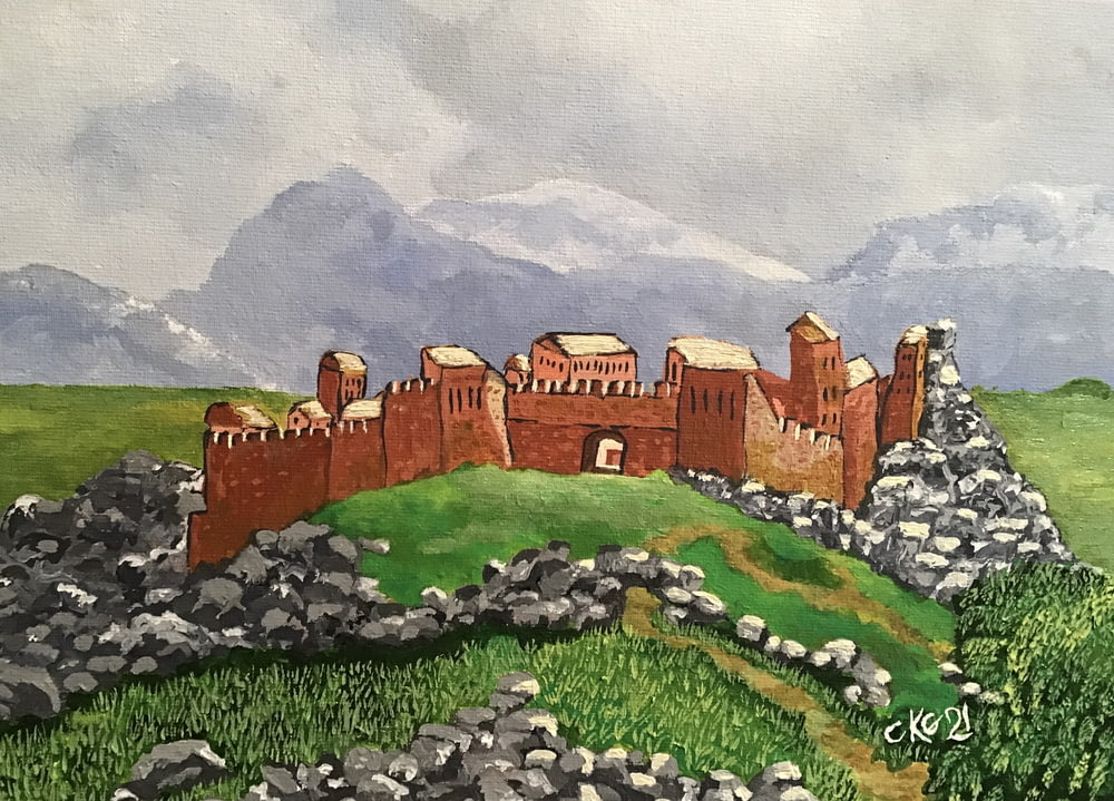 Ein Gemälde einer Burg auf einem Hügel