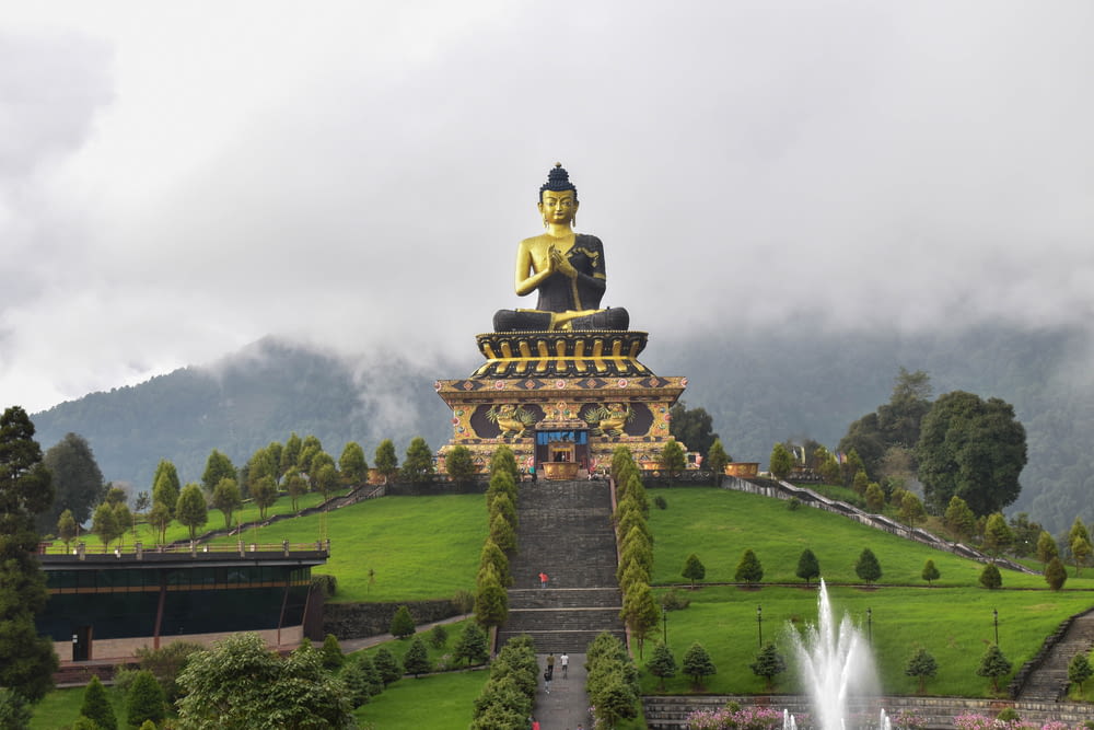 a large buddha statue sitting on top of a lush green hillside