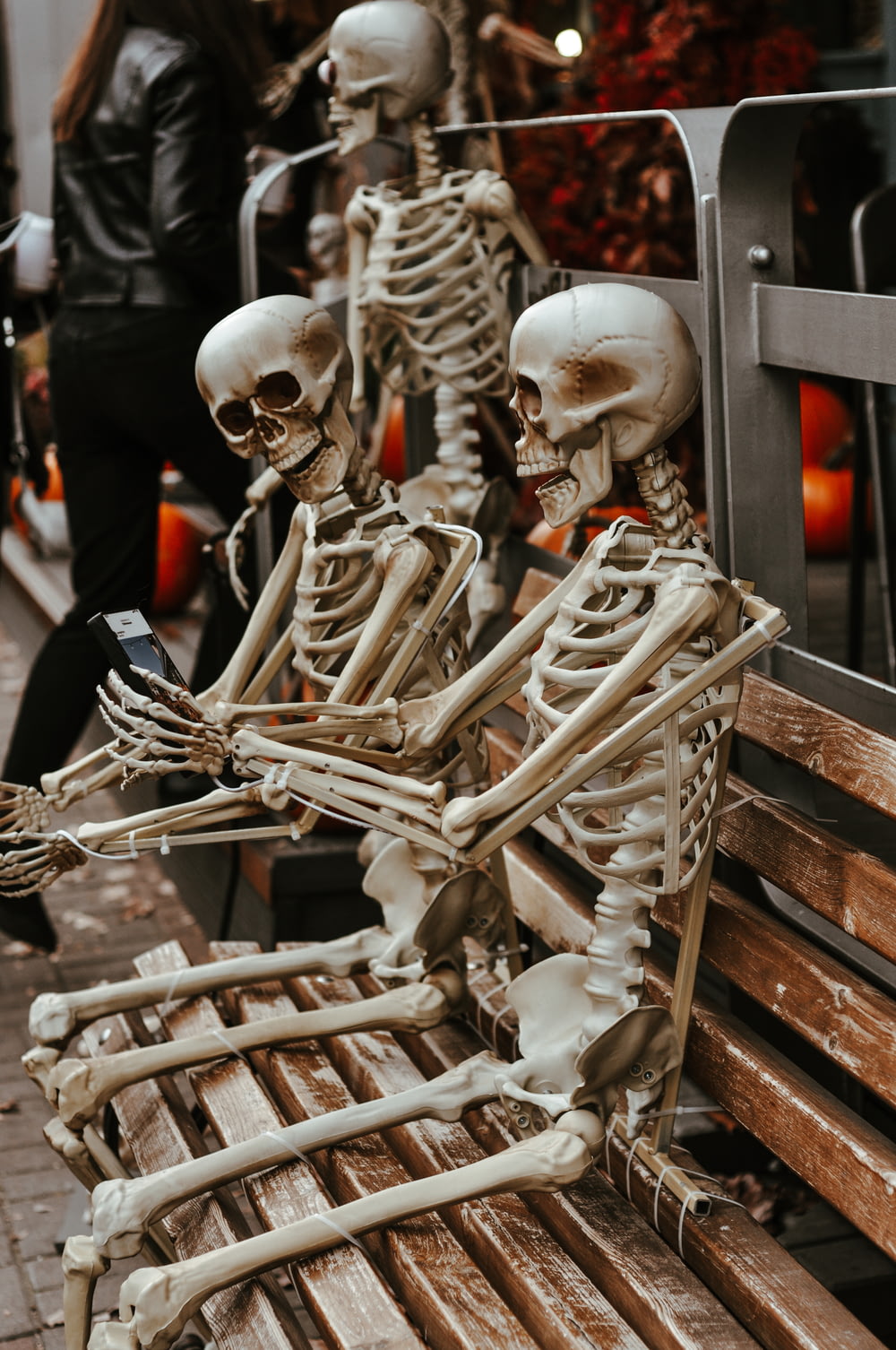 a couple of skeletons sitting on top of a wooden bench
