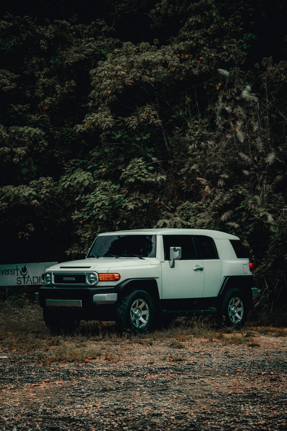 a white truck parked in front of a forest