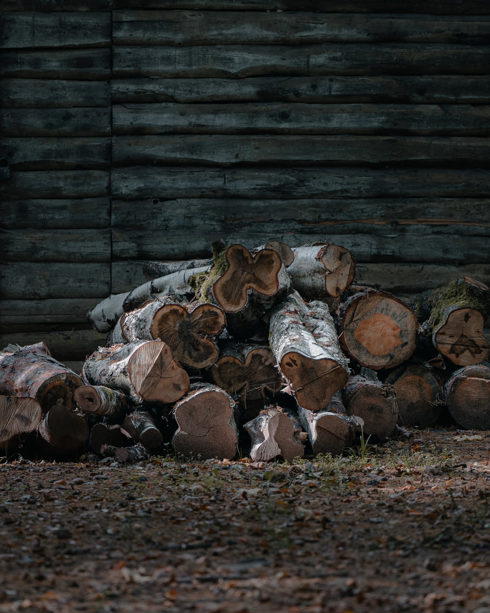 a pile of logs sitting in front of a building