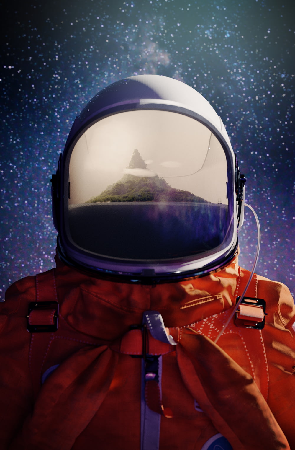 a man in a space suit with a mountain in the background