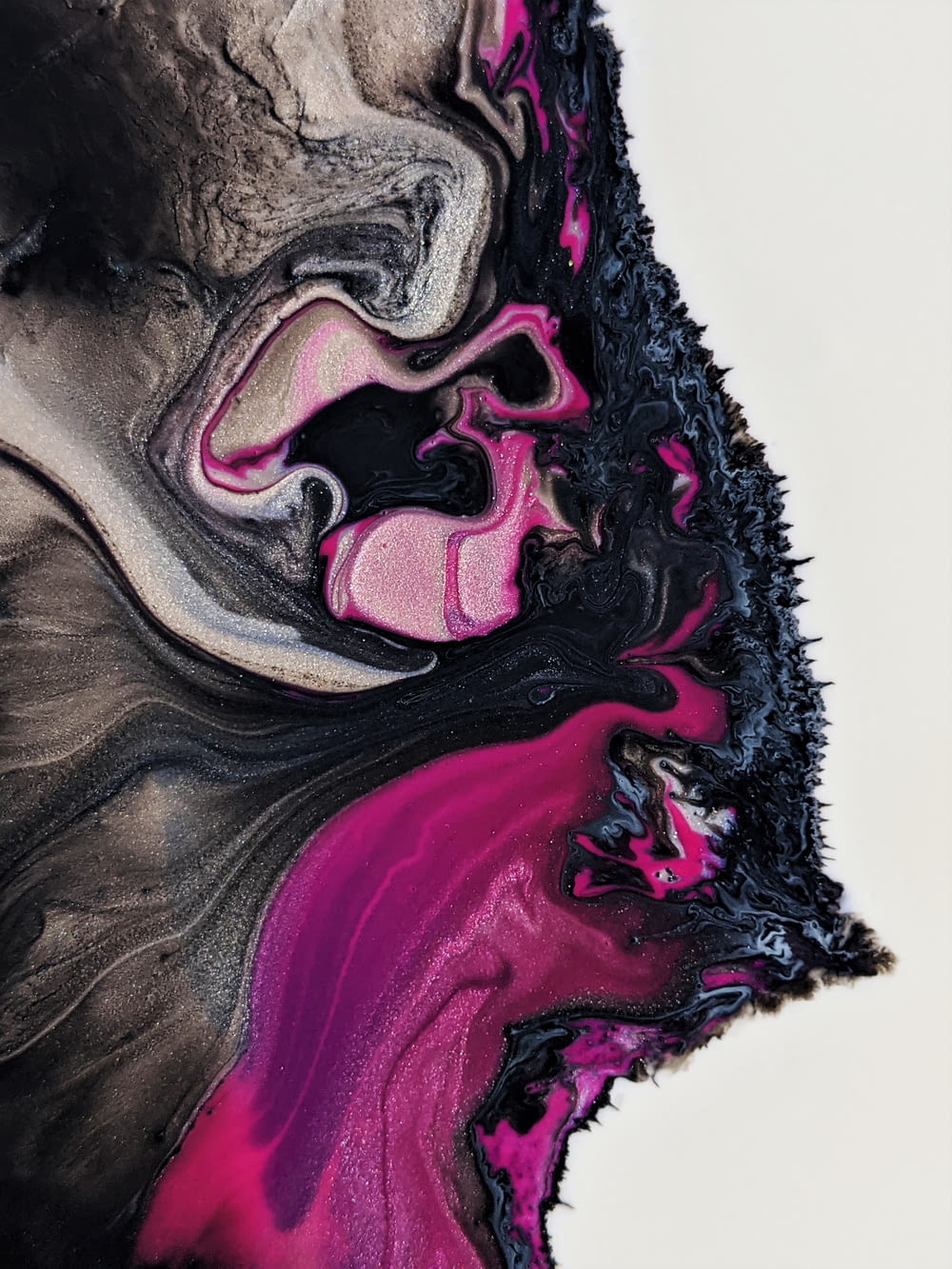an abstract painting with black, pink and grey colors