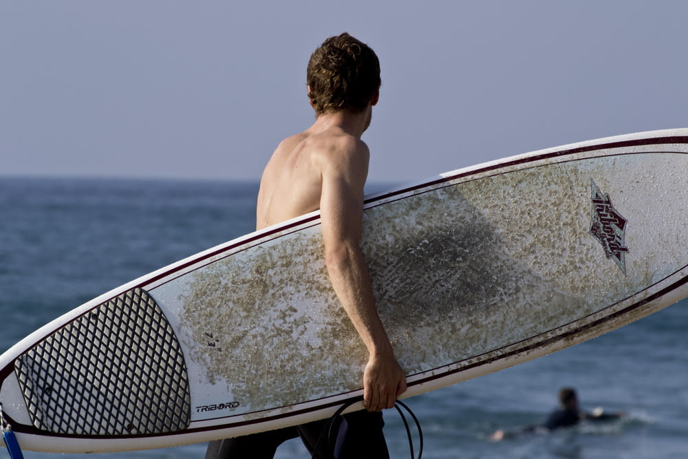a man holding a surfboard on the beach