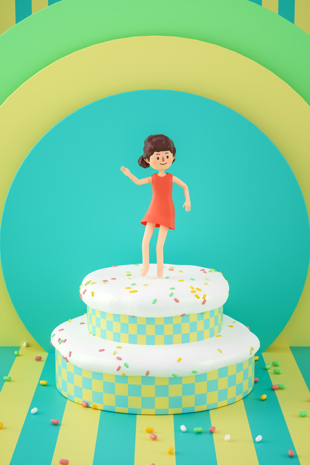 a little girl standing on top of a cake