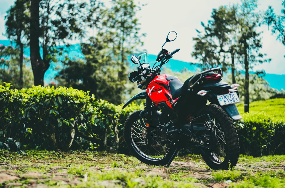 a red and black motorcycle parked in the grass