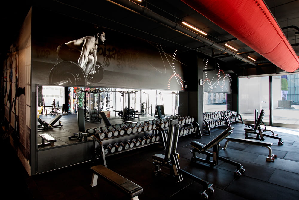 a gym with rows of exercise equipment